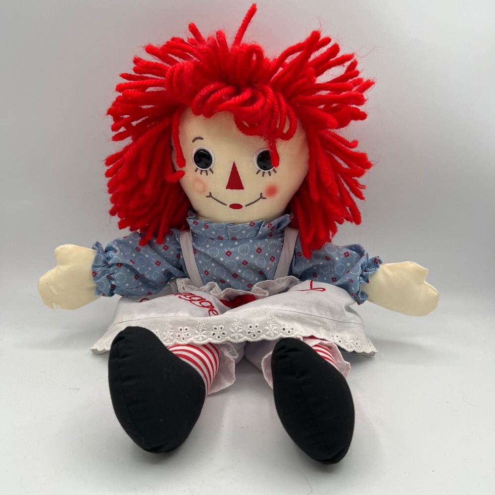 Raggedy Ann Plush Doll 16 Inch Red Yarn Hair Blue Floral Dress White Apron